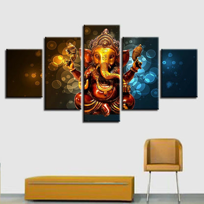 Elephant Trunk God Ganesha Painting 5 Panel Canvas Print Wall Art Home Decor