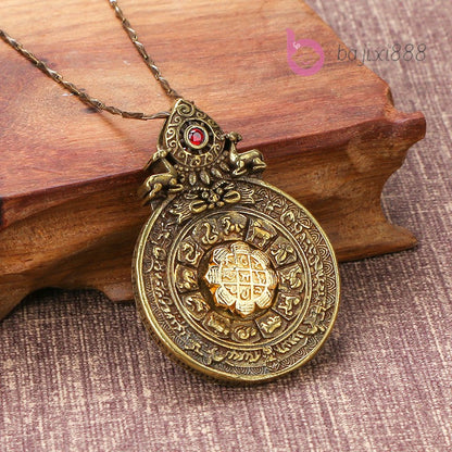 Vintage Brass Buddhist Tantra Eight Diagrams Keychain Zodiac Amulet Pendant