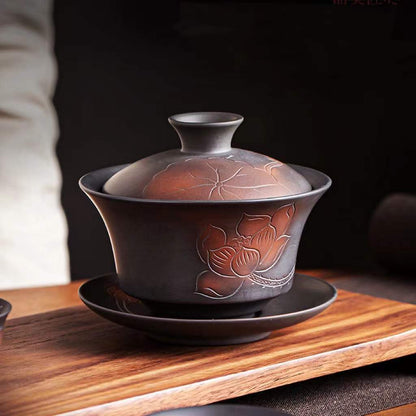 Handmade Purple Pottery Cover Bowl Embossed Bowl Cup Tea Bowl Kung Fu Bowl