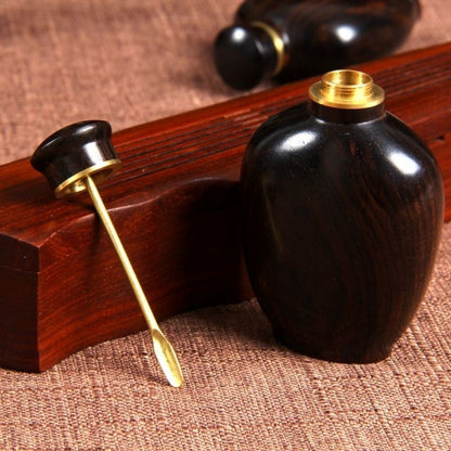 African Ebony Snuff Bottle 6.5cm Agate Inlaid Inside Painted Wooden Hand Piece