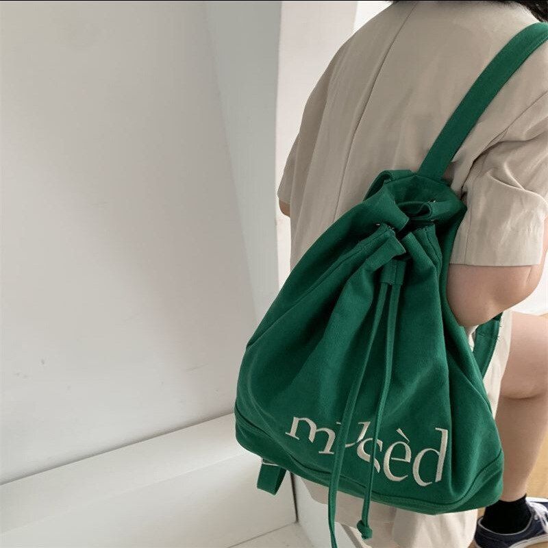 Embroidered Backpacks Canvas Drawstring School Bags Large Capacity Green/Brown