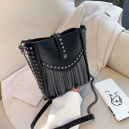 Women Shoulder Bag PU Leather Handbag Black Crossbody Tassel