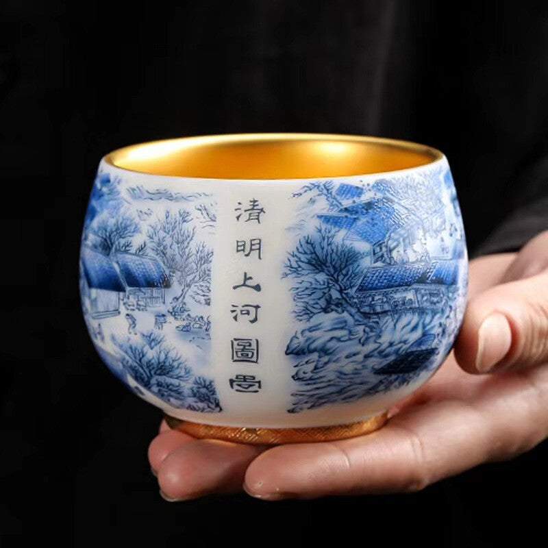 Gilding Hand Painted Tea Cup Fat Mutton Jade Porcelain Master Cup Pu'er Tea Cup