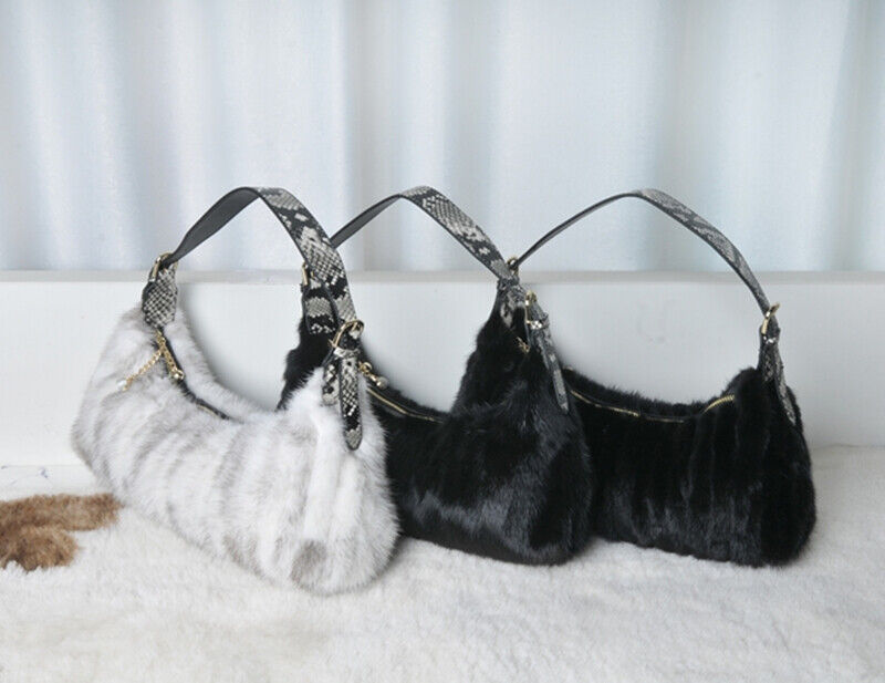 Winter Womens Real Mink Fur Shoulder Bag Luxury Genuine Cowhide Strap Handbag