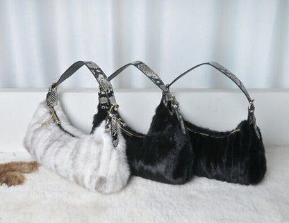 Winter Womens Real Mink Fur Shoulder Bag Luxury Genuine Cowhide Strap Handbag