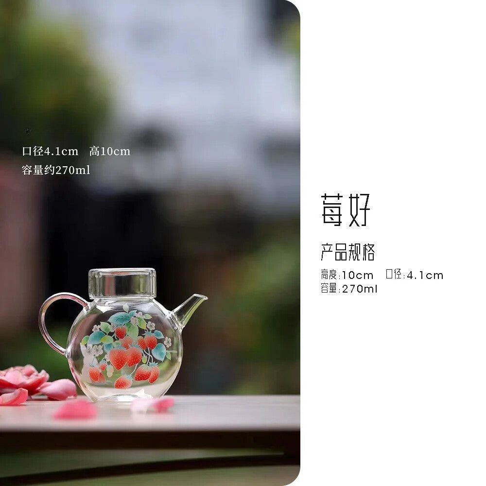 Hand-printed Strawberry Round Ball Glass Kettle Hand Pot Tea Maker Tea Infuser