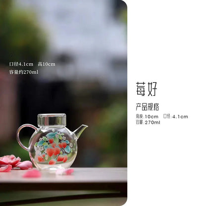 Hand-printed Strawberry Round Ball Glass Kettle Hand Pot Tea Maker Tea Infuser
