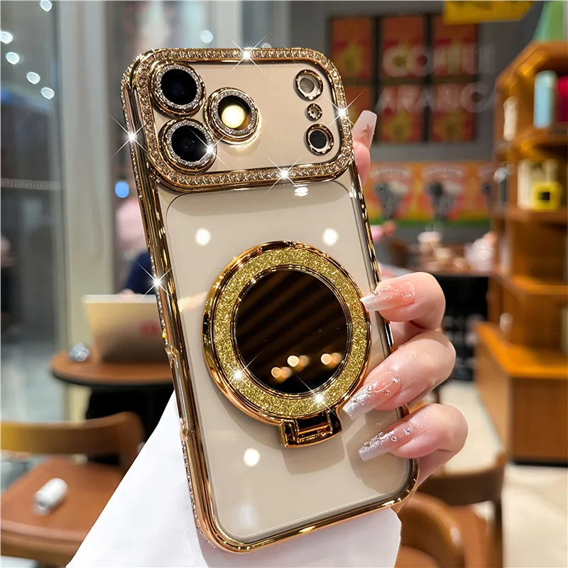 Luxury Rhinestone Magnetic Stand Silicone Case for iPhone 17/16/15/14/13/12/11