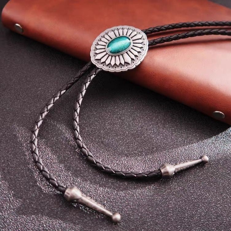 100cm Vintage Bolo Tie Blue Stone Inlay Adjustable Western Cowboy Neck Accessory