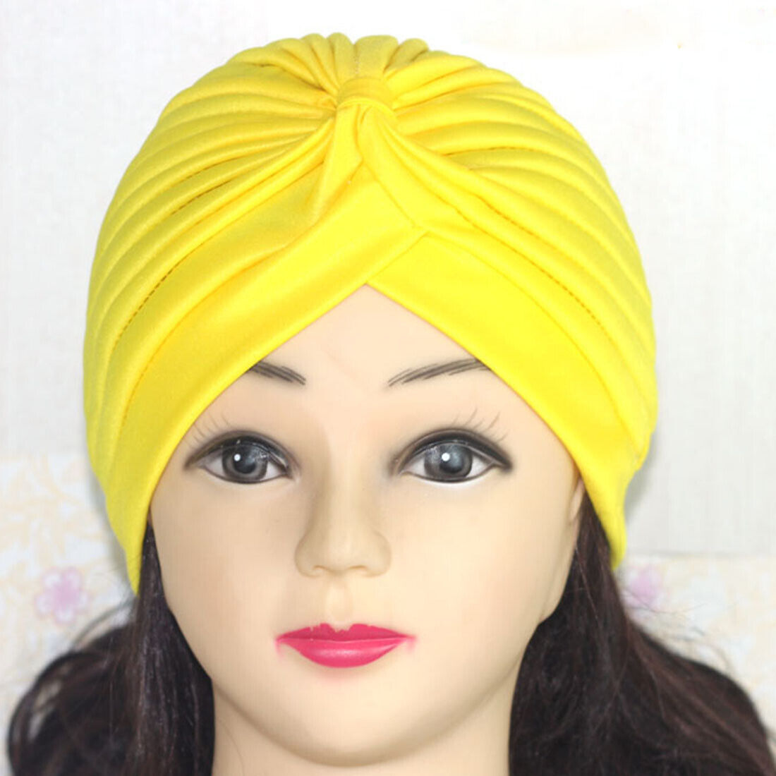 Women Stretchy Turban Hat Muslim Hat Solid Color Wrap Hijab Knotted Indian Caps