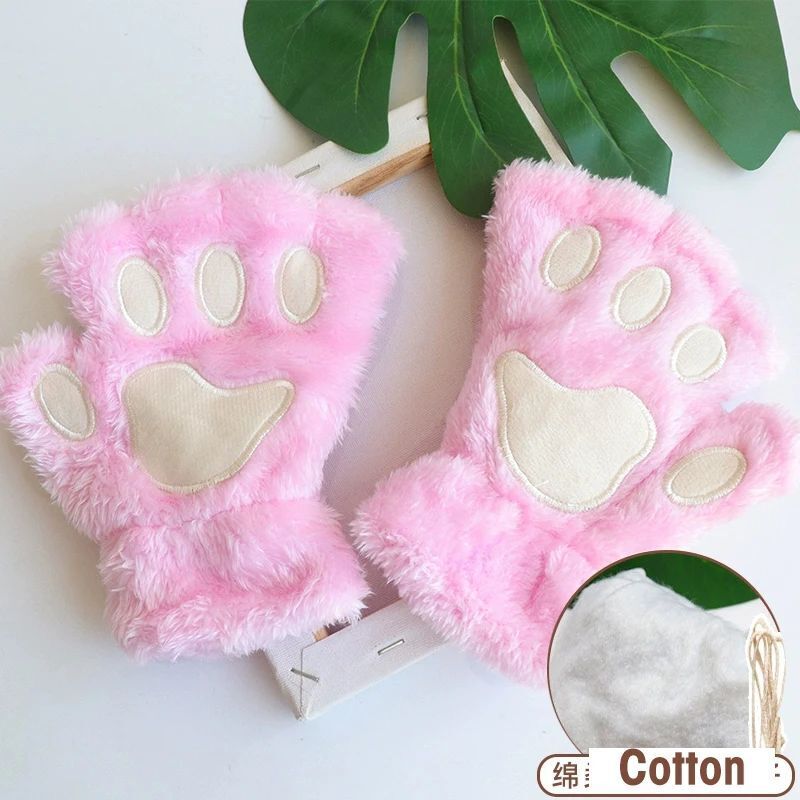 Women Fingerless Gloves Plush Fluffy Cat Paw Claw Panda Mittens Warm Winter Wear