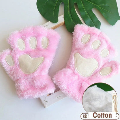 Women Fingerless Gloves Plush Fluffy Cat Paw Claw Panda Mittens Warm Winter Wear