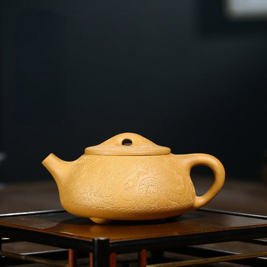 China Yixing Zisha Pottery Gold Section Clay Handmade 250cc Dragon Grain Teapot