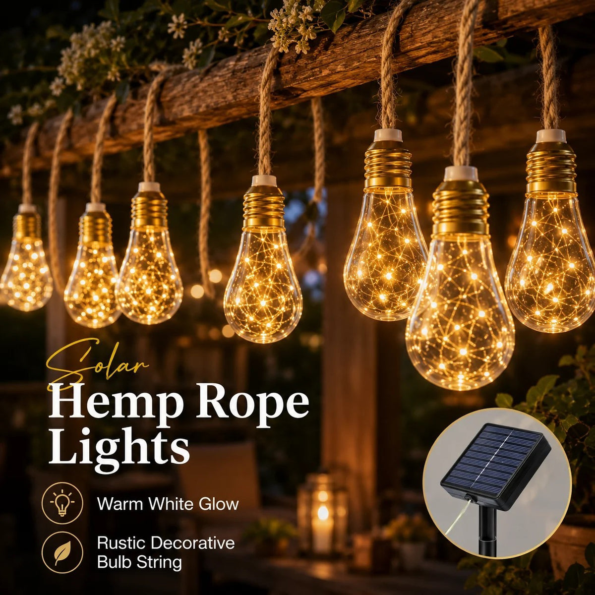 8M 24 Bulbs Solar Powered String Lights Hemp Rope Edison Warm White for Garden