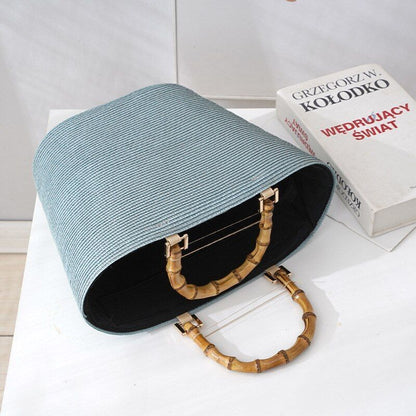 Fashion Bag Shoulder Striped Straw Bamboo Handle Handbag Woven Bags Purse Hasp