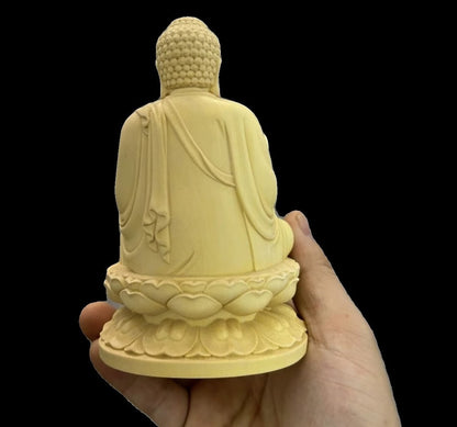 4" Boxwood Hand Carved Shakyamuni Buddha Statue Buddhism Zen Figure Shrine Decor