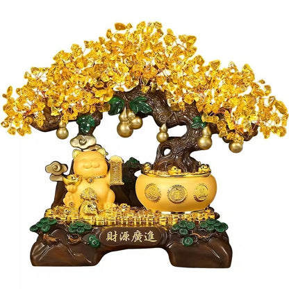 Yellow Crystal Stone Money Tree Bonsai Fortune Cat Statue Wealth Feng Shui Decor