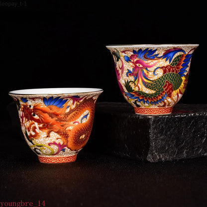 Chinese Handmade Porcelain Tea Cup Dragon and Phoenix Pattern Teacup