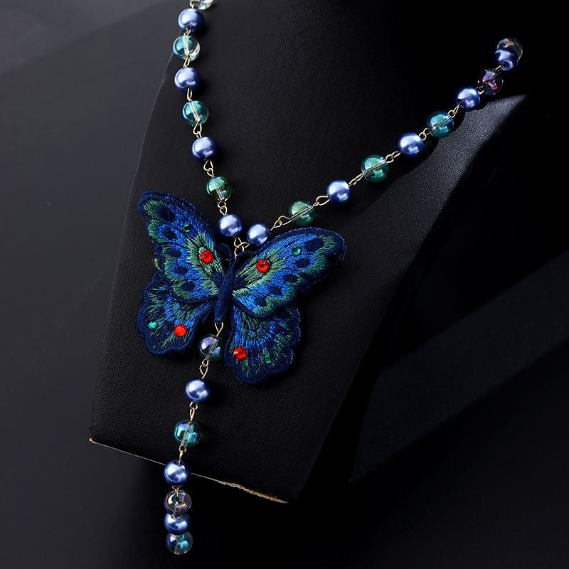 New Chinese Embroidered Butterfly Sweater Necklace Blue Beaded Vintage