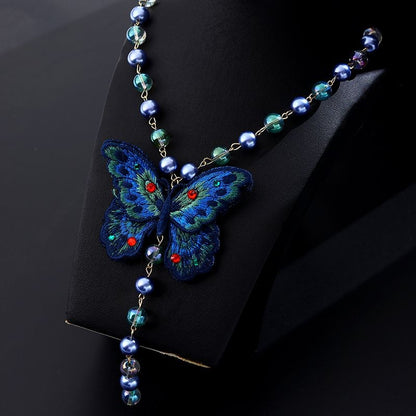 New Chinese Embroidered Butterfly Sweater Necklace Blue Beaded Vintage