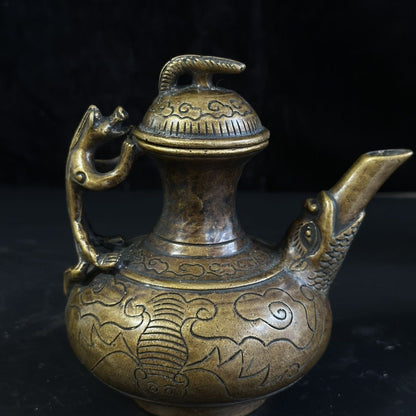 Vintage Brass Beast Handle Teapot Antique Collectible Bat Pattern 14cm