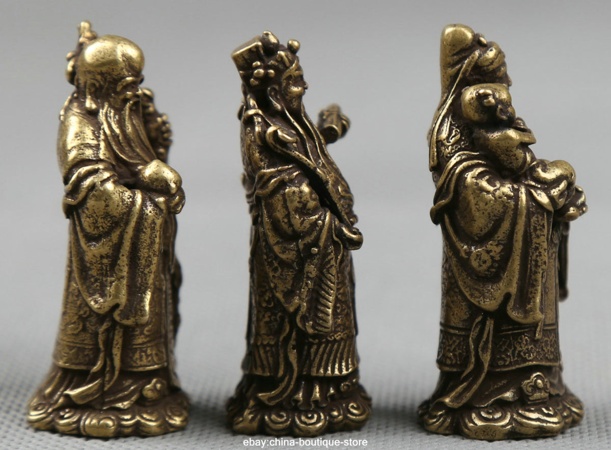 Small Curio Chinese Bronze Taoism 3 Longevity God Fu Lu Shou Life Wealth Statue