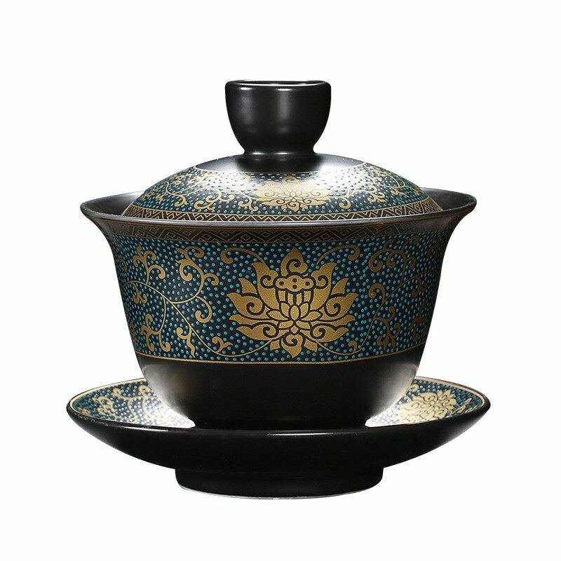 Chinese Tea Set Classical Gaiwan Cup Black Clay 180ml Traditional Handmade Bowl