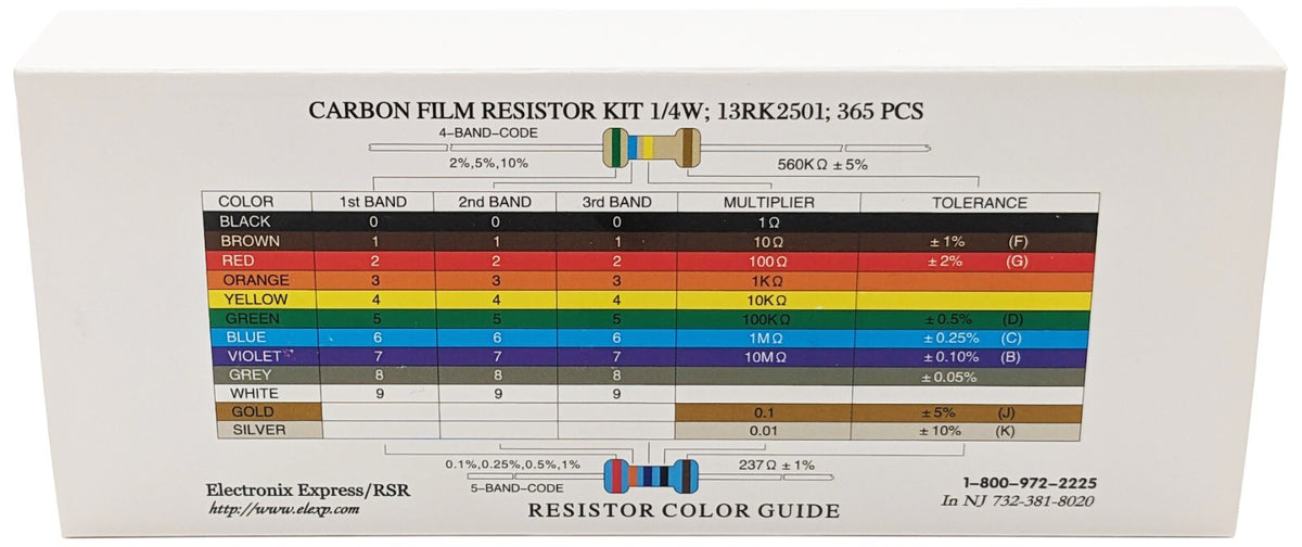 365 Piece Resistor Kit 1/4 Watt in Compartmentalized Cardboard Storage Box