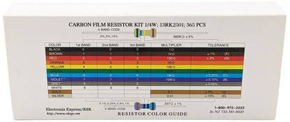365 Piece Resistor Kit 1/4 Watt in Compartmentalized Cardboard Storage Box