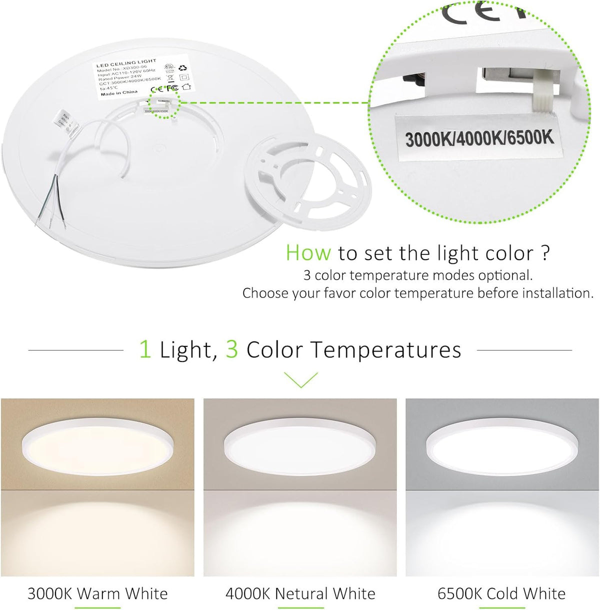 1 Pack LED Flush Mount Ceiling Light, 24W Ultra Thin round White 3000K/4000K/650