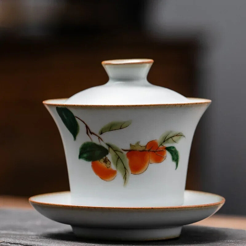 Chinese Retro Ru Kiln Tea Tureen Teacup Handmade Flower and Bird Ceramic Gaiwan