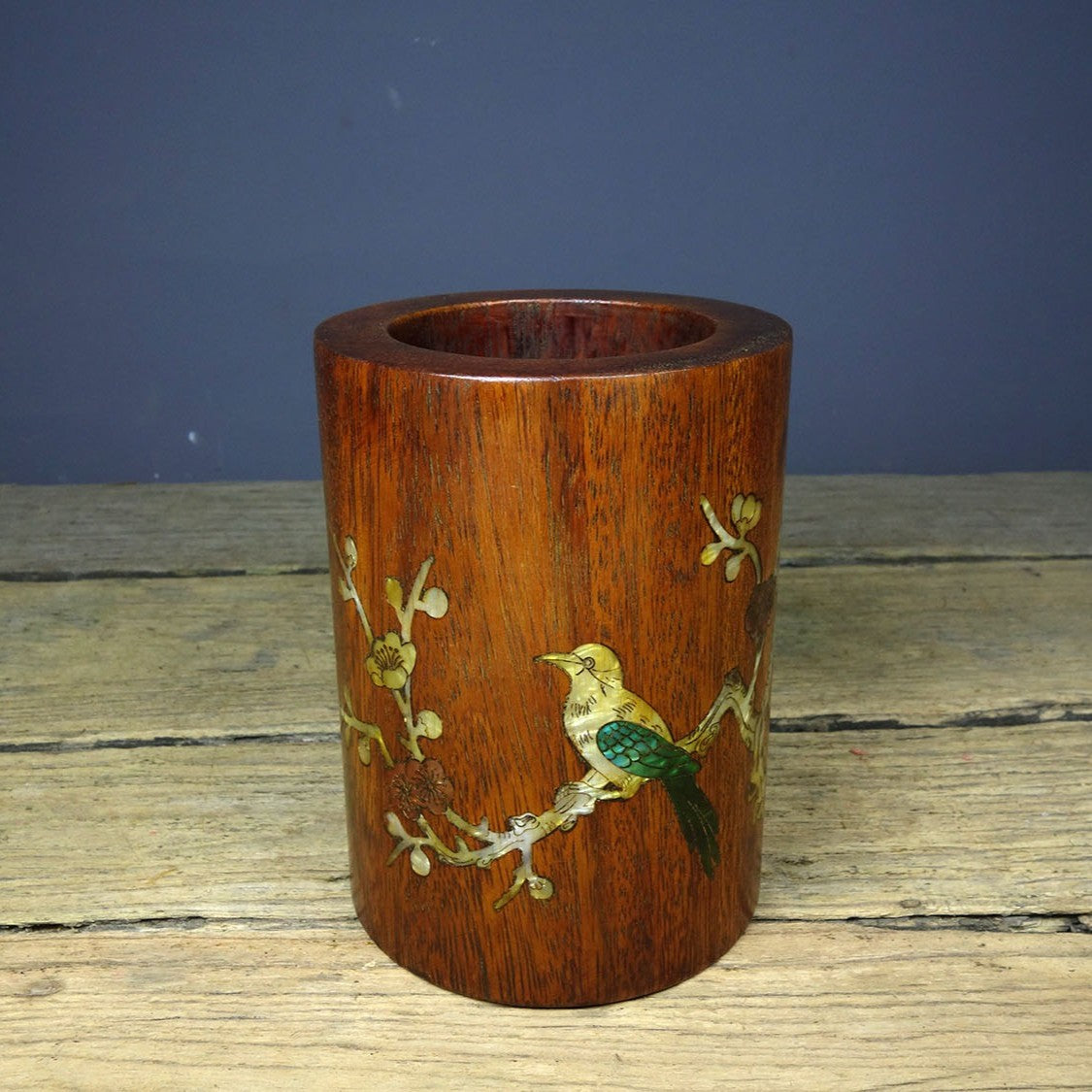 Vintage Rosewood Brush Pot, Inlaid Abalone Magpie Plum, 15cm