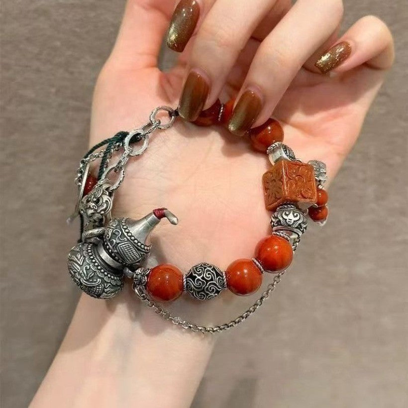 New Chinese Eight Immortals Gourd Bracelet Red Agate Fortune Bead Bangle