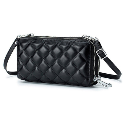 Genuine Leather Women Double Zip Wallet Phone Bag Crossbody Shoulder Pack Black