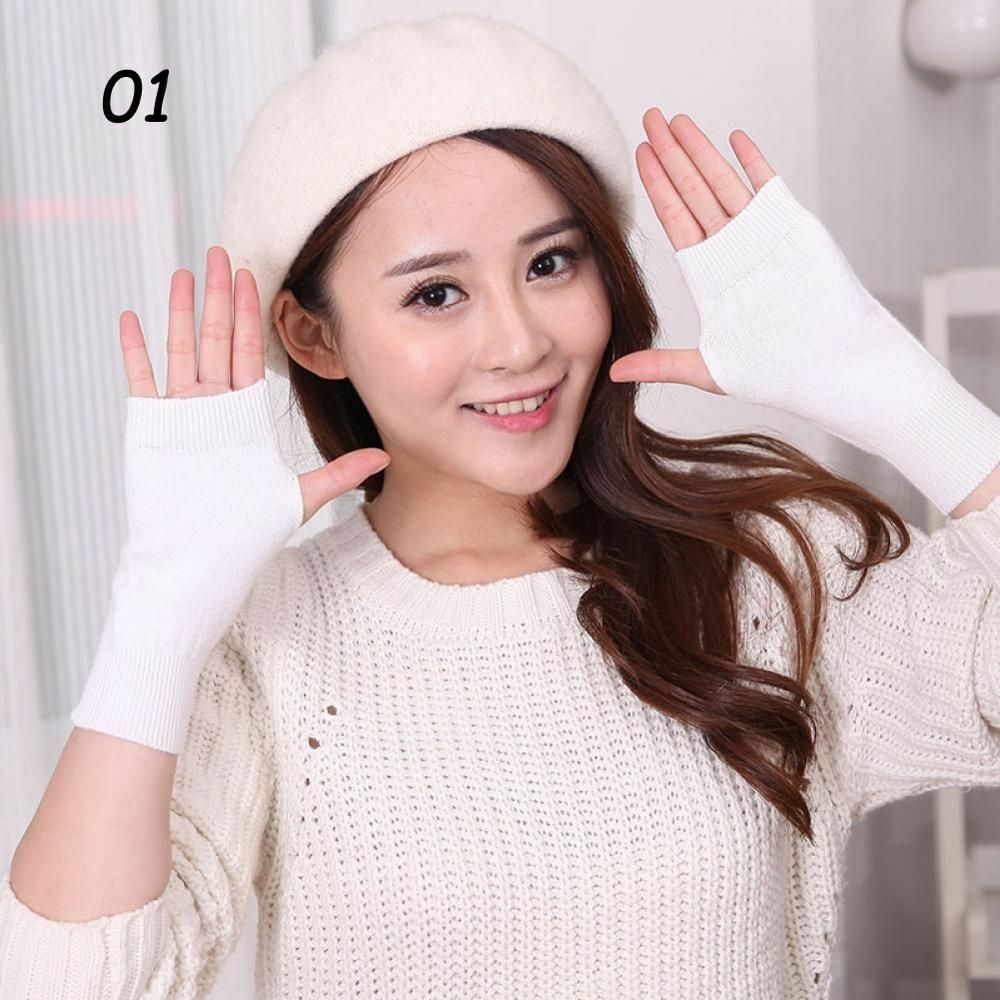 Women Winter Gloves Cashmere Knitted Cotton Fingerless Warm Stretch Half Mittens