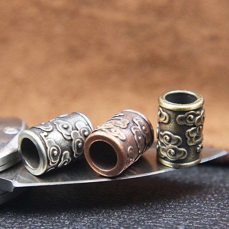 Brass Auspicious Clouds Carved Cylinder Knife Barrel Bead Retro Accessory Silver