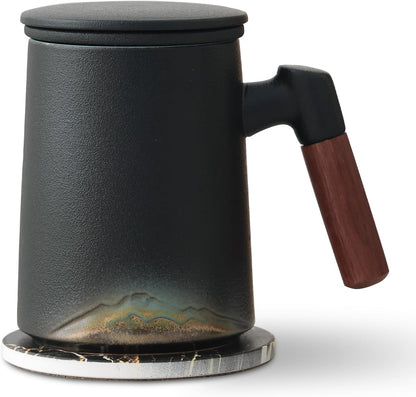 Handmade Ceramic Tea Cup with Infuser & Lid Mug with Bamboo Handle Kitchen Decor