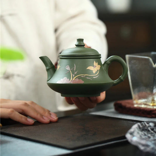 Real Handmade Green Kettle Yixing Purple Clay Teapot Puer Tea Set Kung