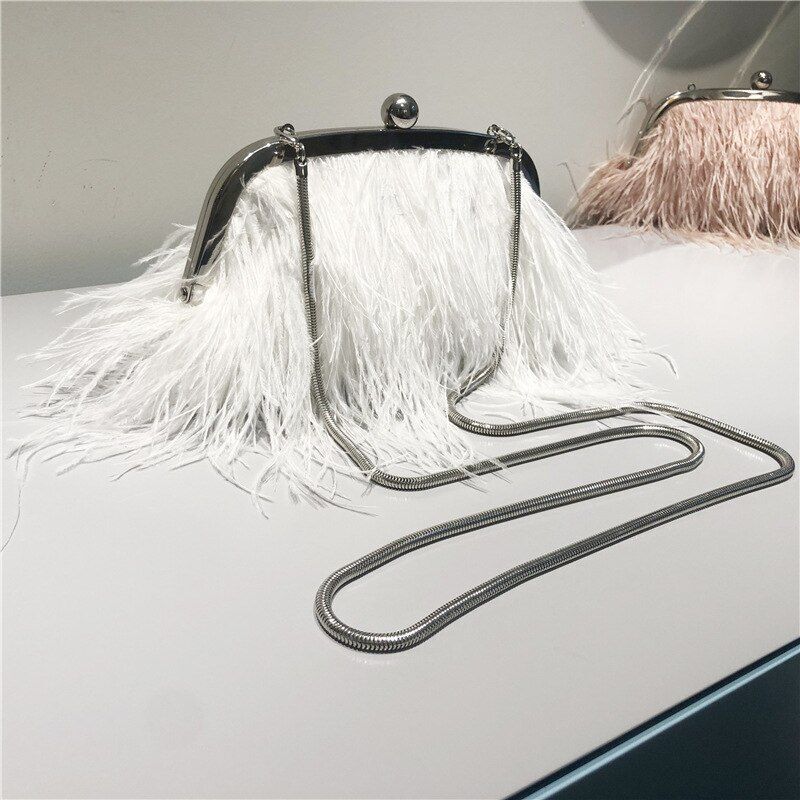 Small Feather Handbag Party Purse Elegant White Pearl Chain Shoulder Bag 22*20*4
