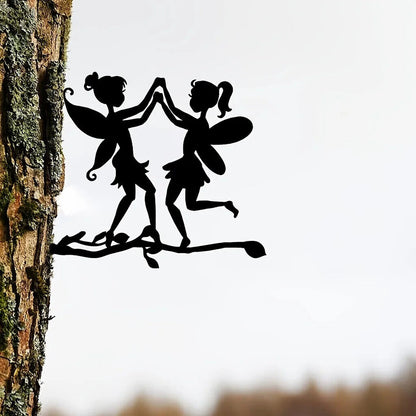 Garden with Two Elves On Branch Steel Silhouette Metal Wall Art