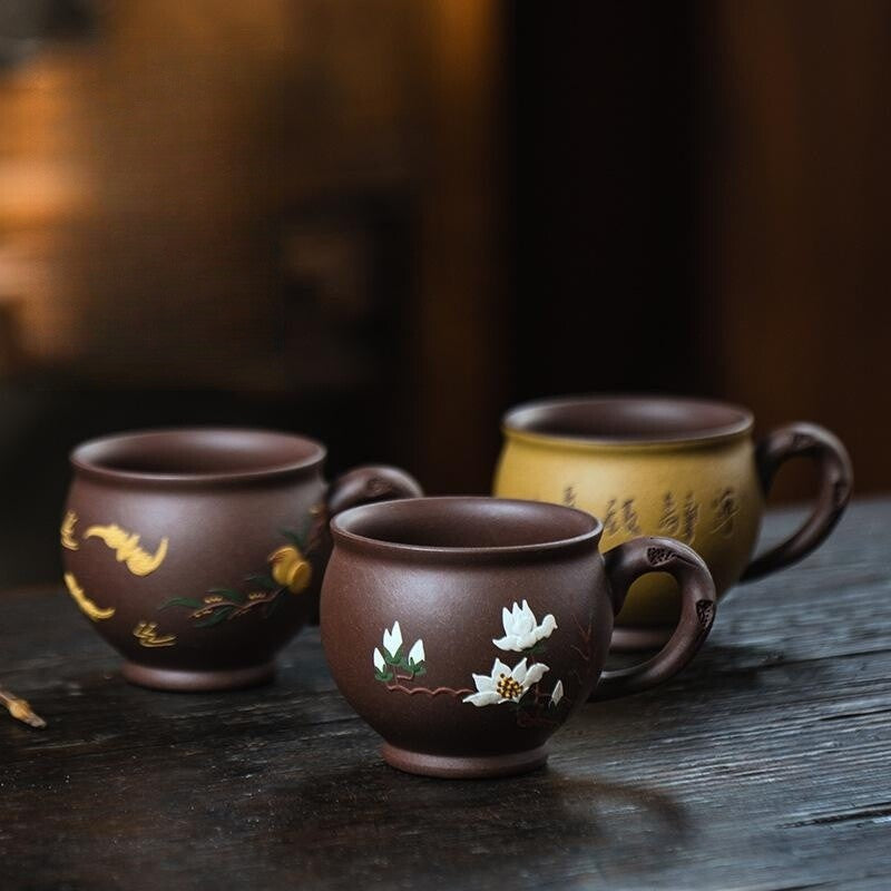 Master Tea Cup Health Care Real Yixing Zisha Cup With Handle Hand Carved 140ml