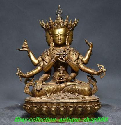 12" Old Tibet Bronze Gilt 3 Head 8 Arms Namgyalma & Ushnishavijaya Buddha Statue