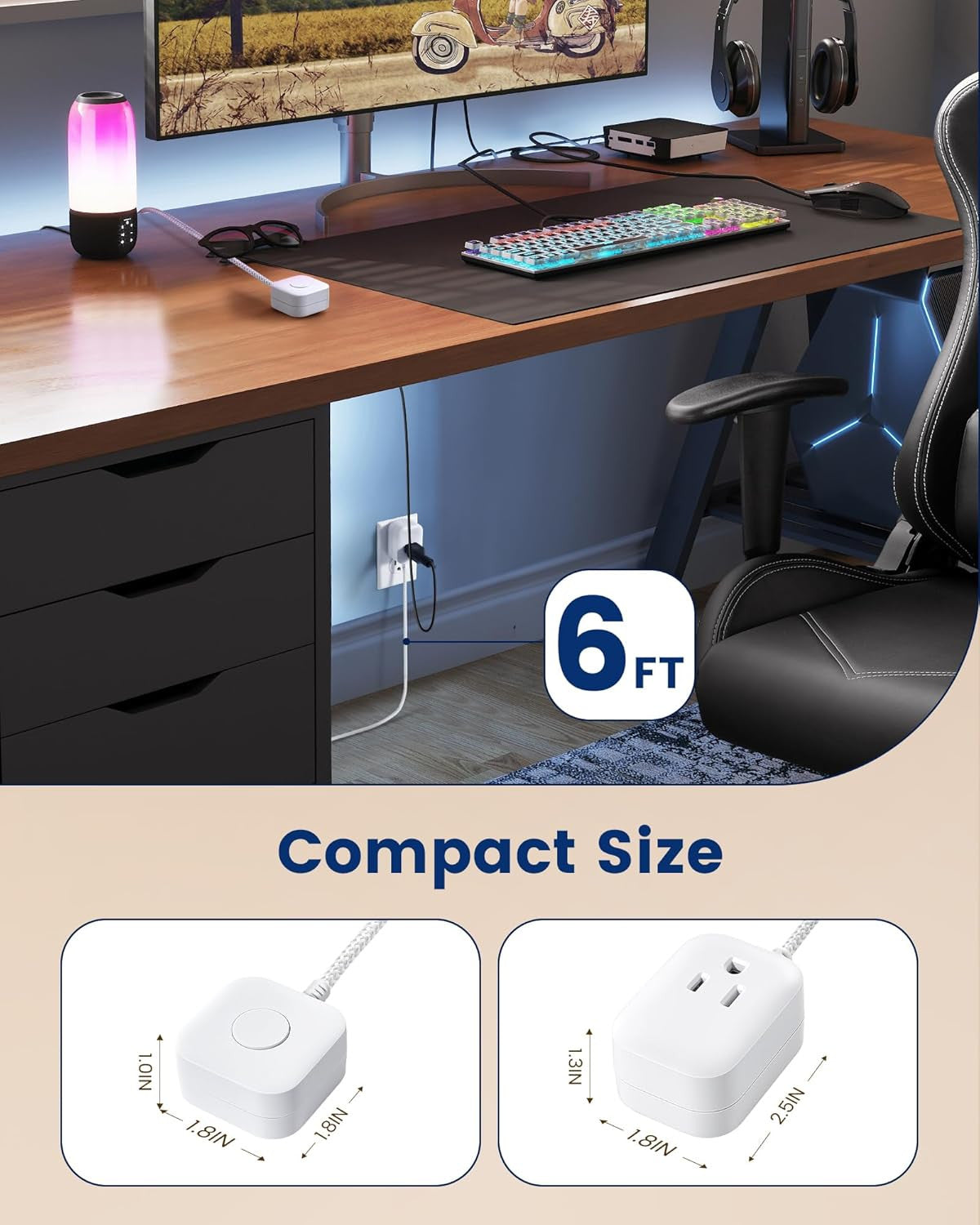 Extension Cord with Switch On/Off Plug, 6FT Flat Braided Outlet Power Cable, 3 P