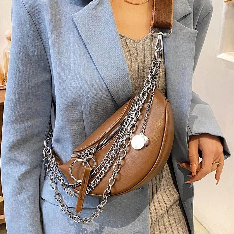 Chain Waist Belt Bag Women Leather Crossbody Fashion Phone Pack Purse Ladies