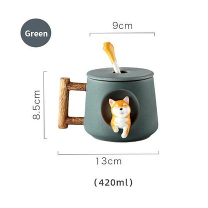 Ceramic Shiba Inu Mug with Lid Spoon Cute Dog Coffee Cup 420ml