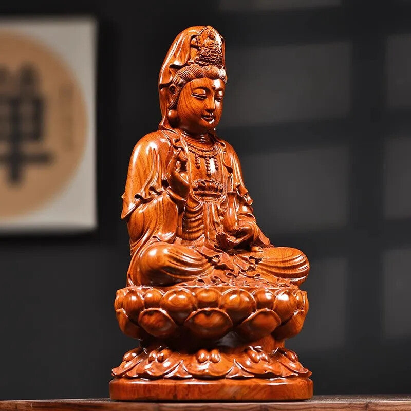 Lotus Guanyin Statue Safflower Pear Black Sandalwood Buddha Statue Home FengShui