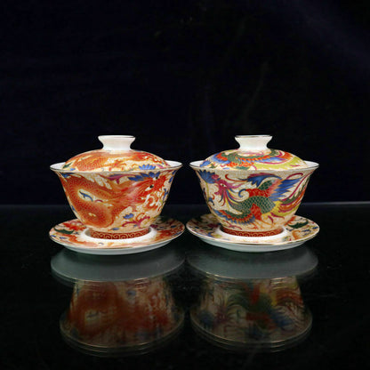 A Pair Chinese Porcelain Gold-painted Pastel Dragon Phoenix Pattern Tea Bowls