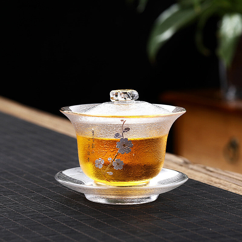 200ml Clear Gaiwan Glass Tureen Floral Relief Teacup Covered Bowl Cup Saucer Mat