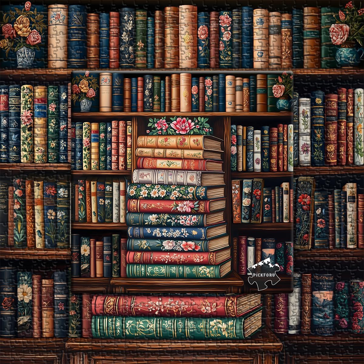 Vintage Book Puzzles for Adults 1000 Pieces, Bookshelf Wildflower Pages Jigsaw P