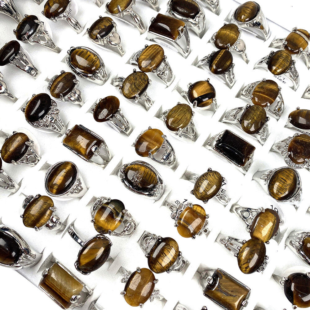 Wholesale Jewelry 20Pcs Natural Tiger Eye Stone Gemstone Silver Plated Rings